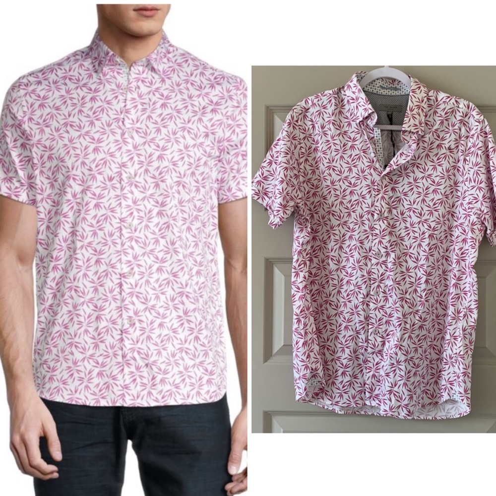 NWT Ted Baker London Men’s Size 4 Large Short Sleeve Leaf Print Shirt Pink